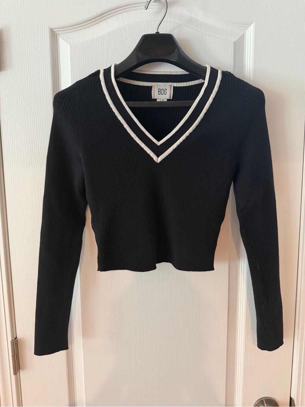 BDG Black V-Neck Cropped Sweater with White Double Trim